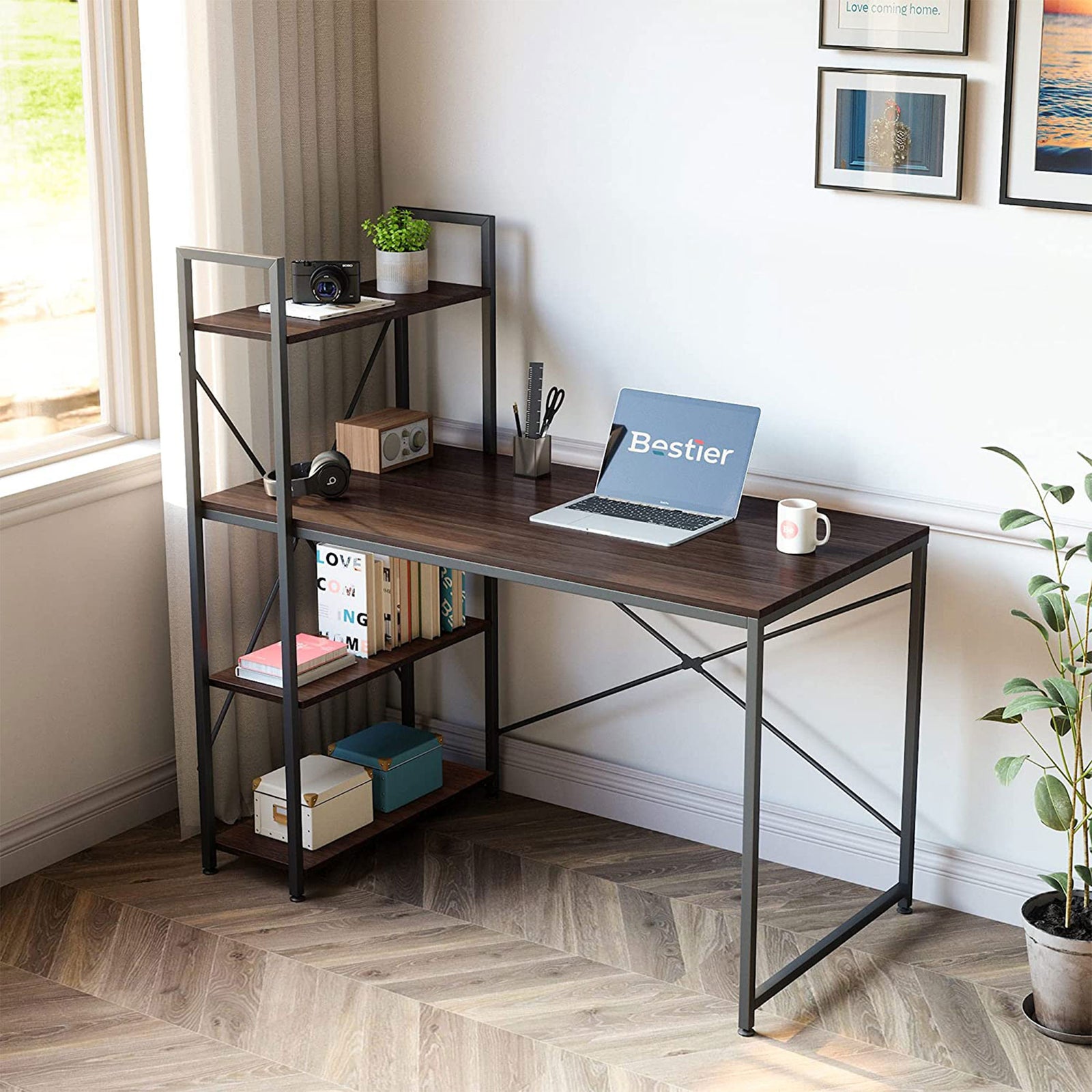 Bestier 47 Inch Computer Writing Desk w/ Storage Shelves for Small Spaces, Brown - VMInnovations