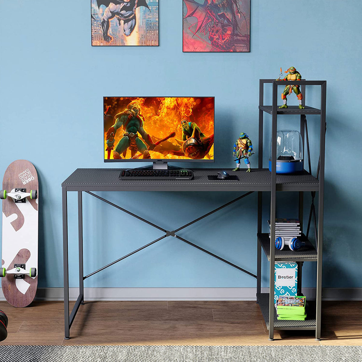 Bestier 47 In Computer Desk with Storage Shelves for Small Spaces, Carbon Fiber - VMInnovations