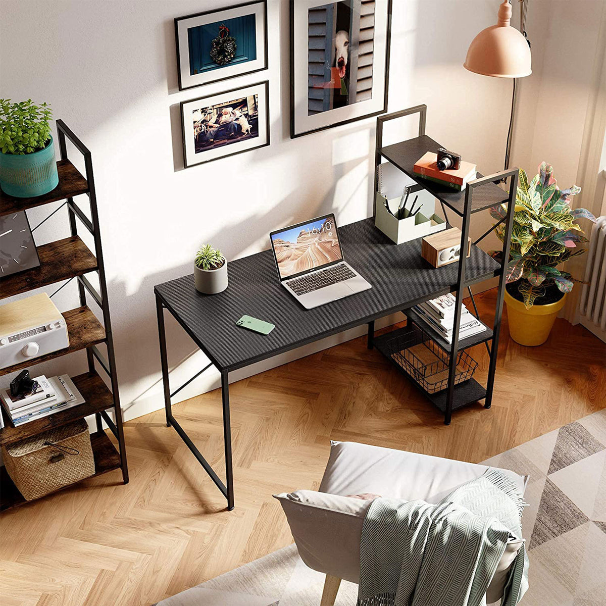 Bestier 47 In Computer Desk with Storage Shelves for Small Spaces, Carbon Fiber - VMInnovations