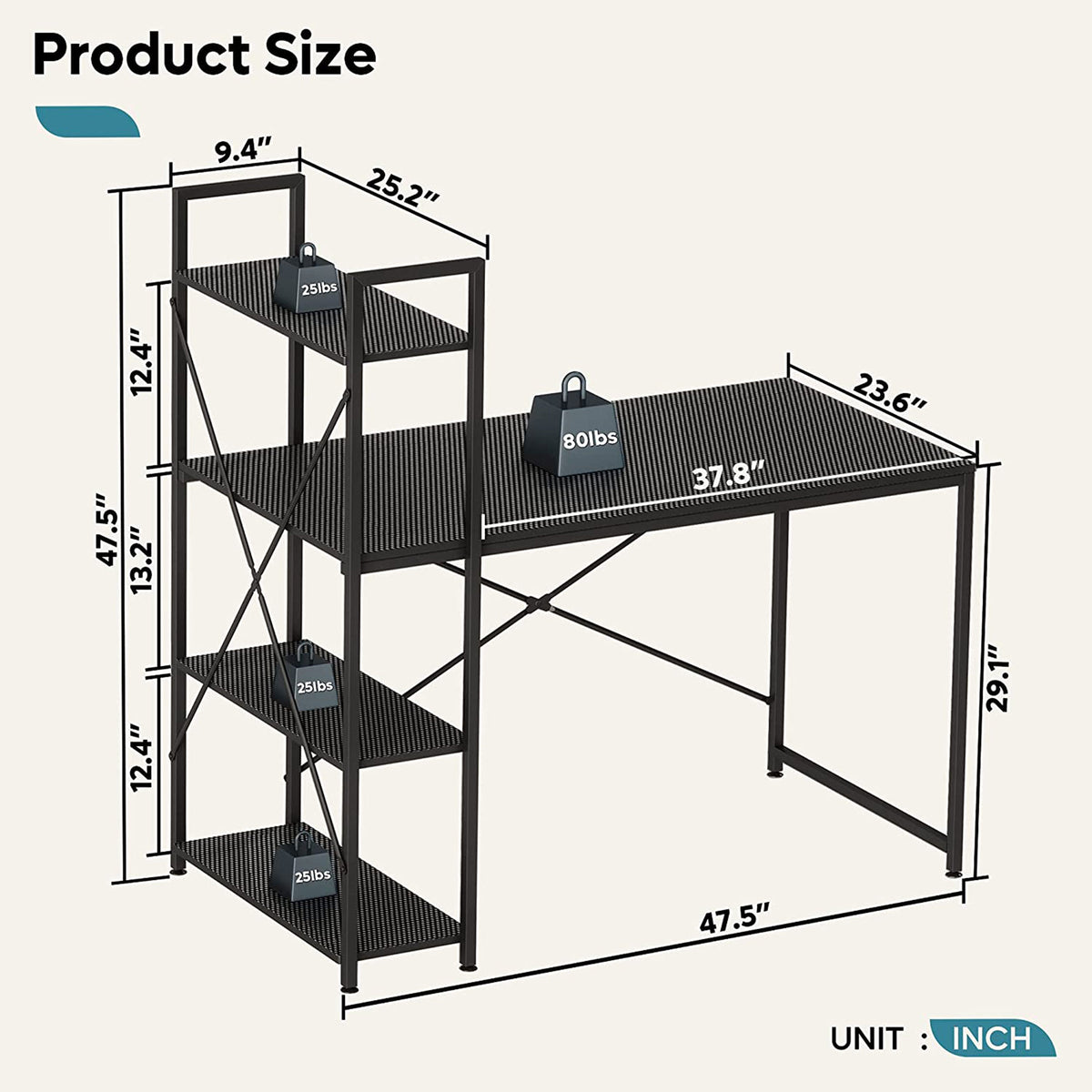 Bestier 47 In Computer Desk with Storage Shelves for Small Spaces, Carbon Fiber - VMInnovations