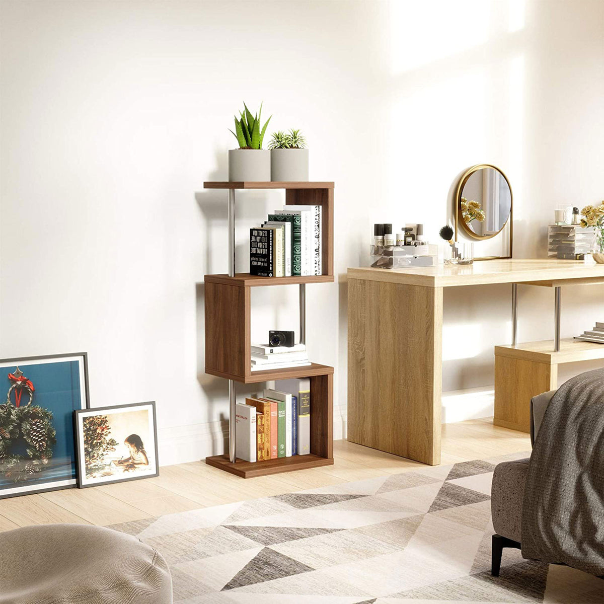 Bestier 4 Tier S-Shaped Modern Industrial Metal Frame Bookcase, 43 Inch, Walnut