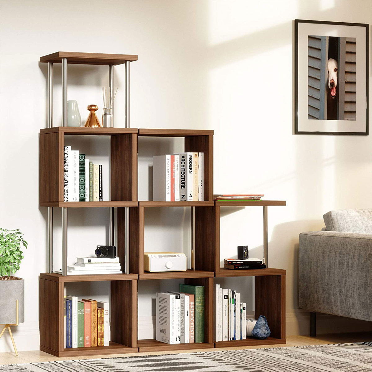 Bestier 4 Tier S-Shaped Modern Industrial Metal Frame Bookcase, 43 Inch, Walnut