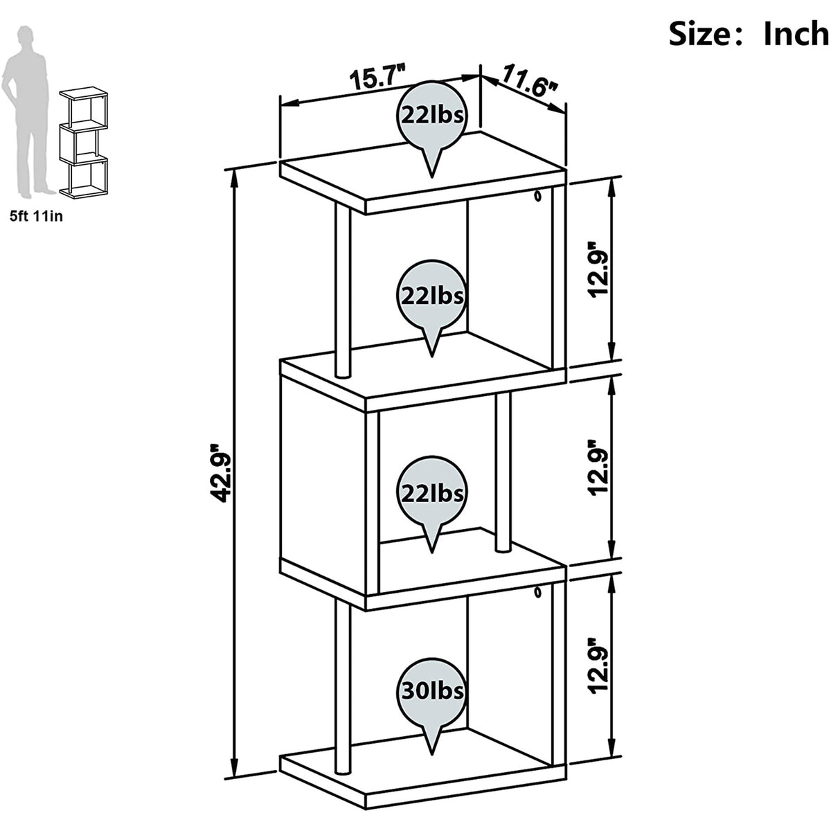 Bestier 4 Tier S-Shaped Modern Industrial Metal Frame Bookcase, 43 Inch, Walnut