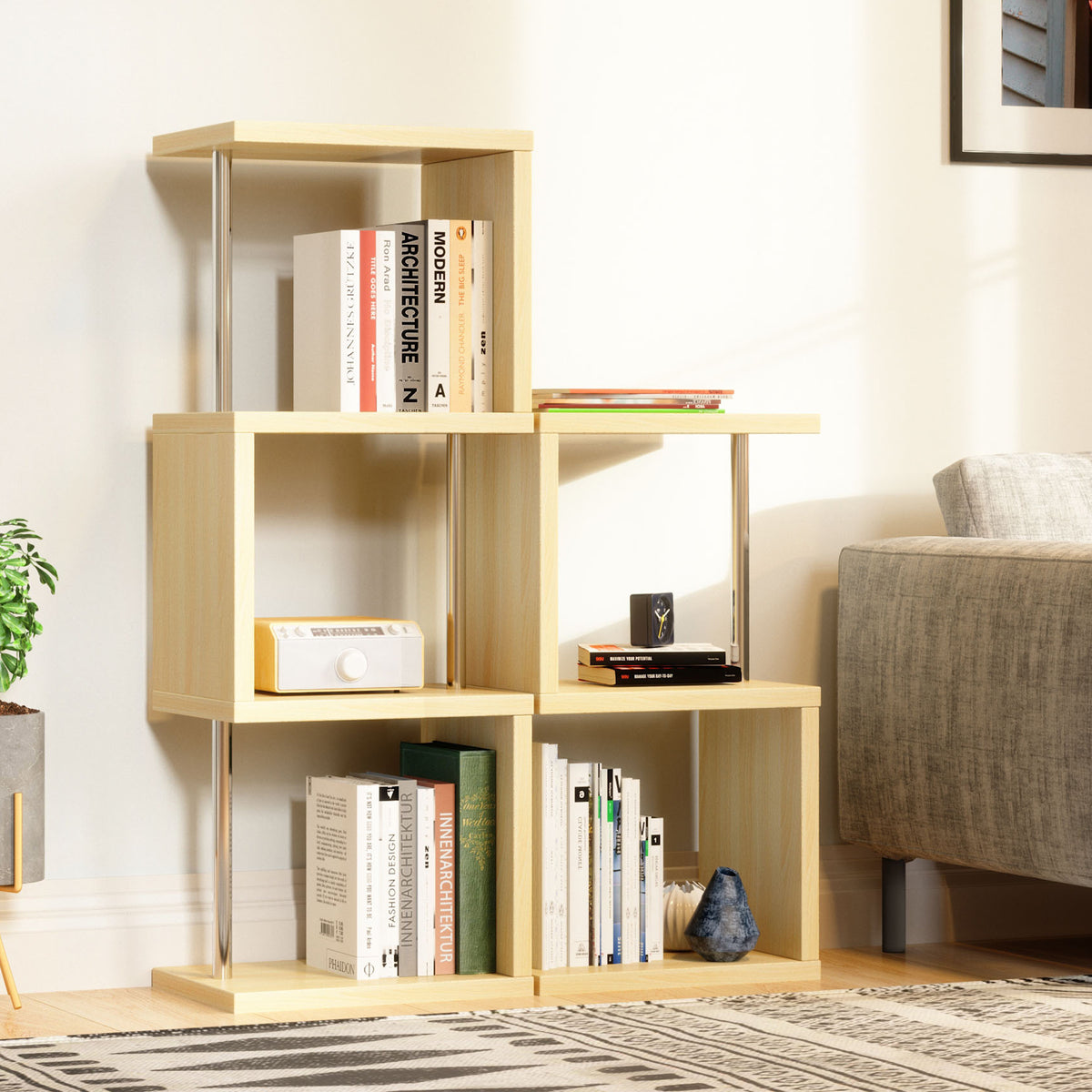 Bestier 4 Tier S-Shaped Modern Industrial Metal Frame Bookcase, 43 Inch, Oak