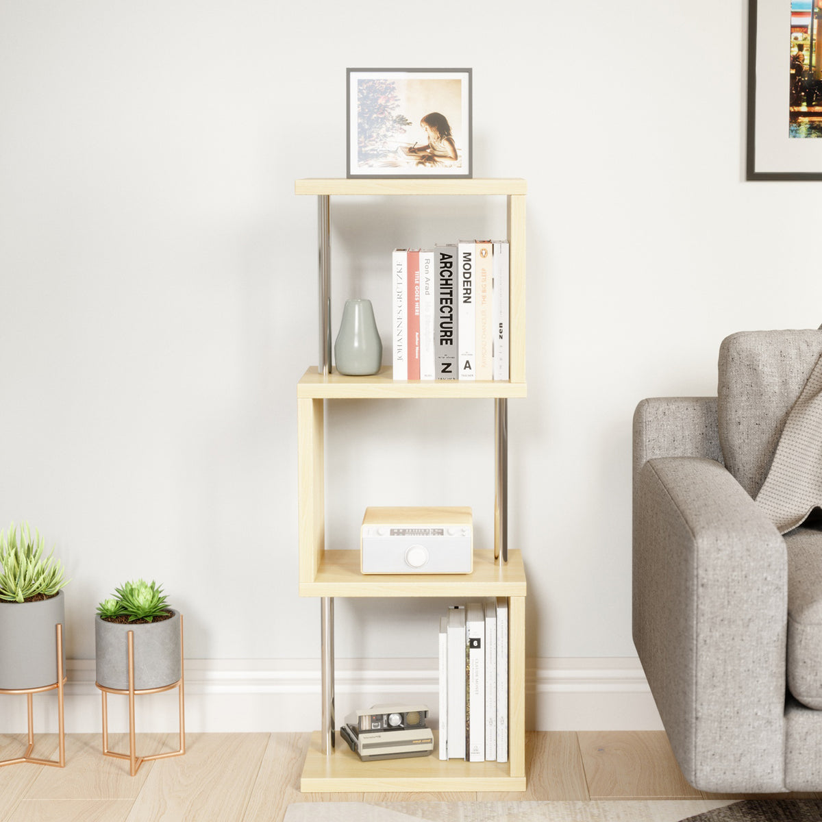 Bestier 4 Tier S-Shaped Modern Industrial Metal Frame Bookcase, 43 Inch, Oak