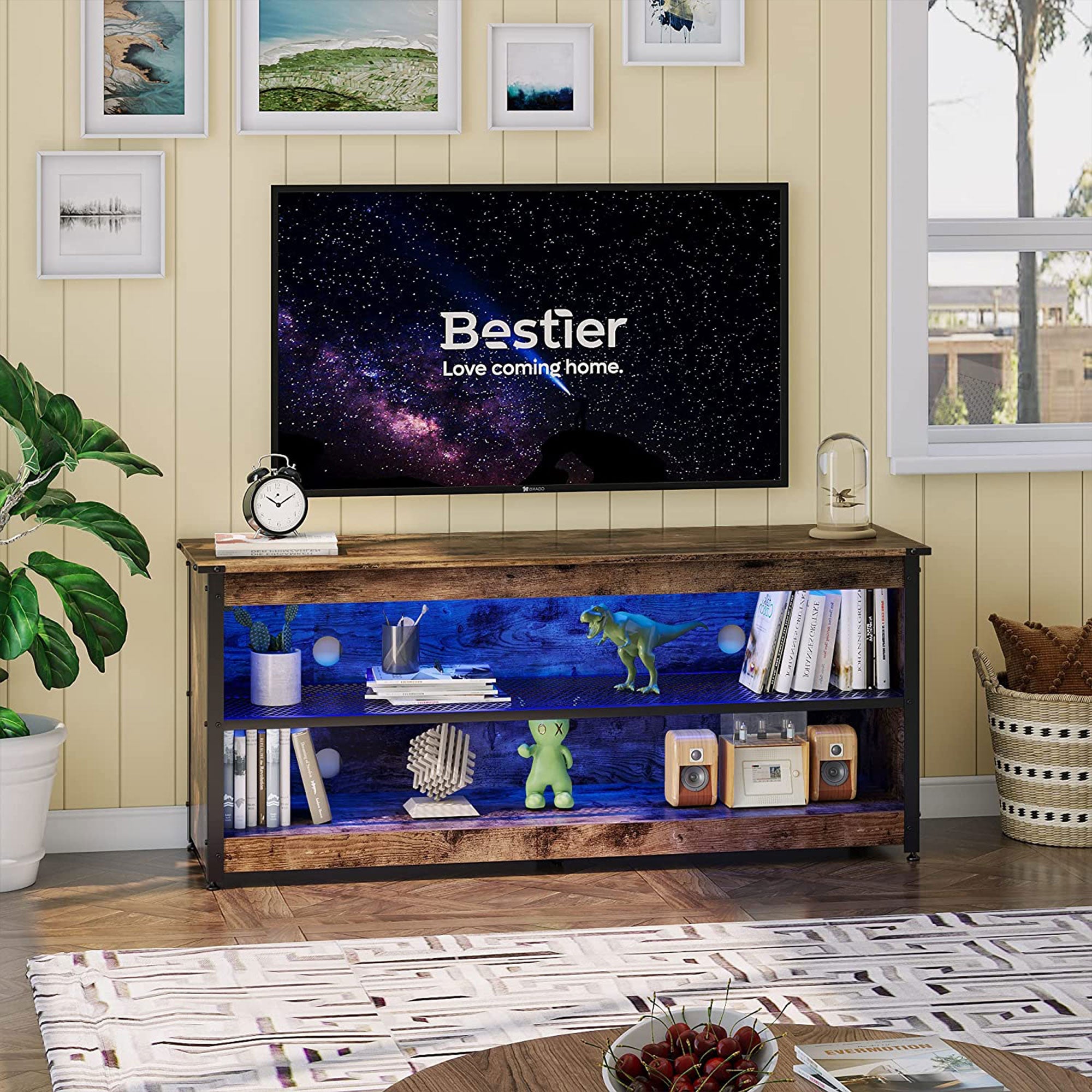 Bestier Industrial TV Stand with Iron Shelf and LED Lights 55.12 Inches, Brown