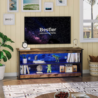 Bestier Industrial TV Stand with Iron Shelf and LED Lights 55.12 Inches, Brown