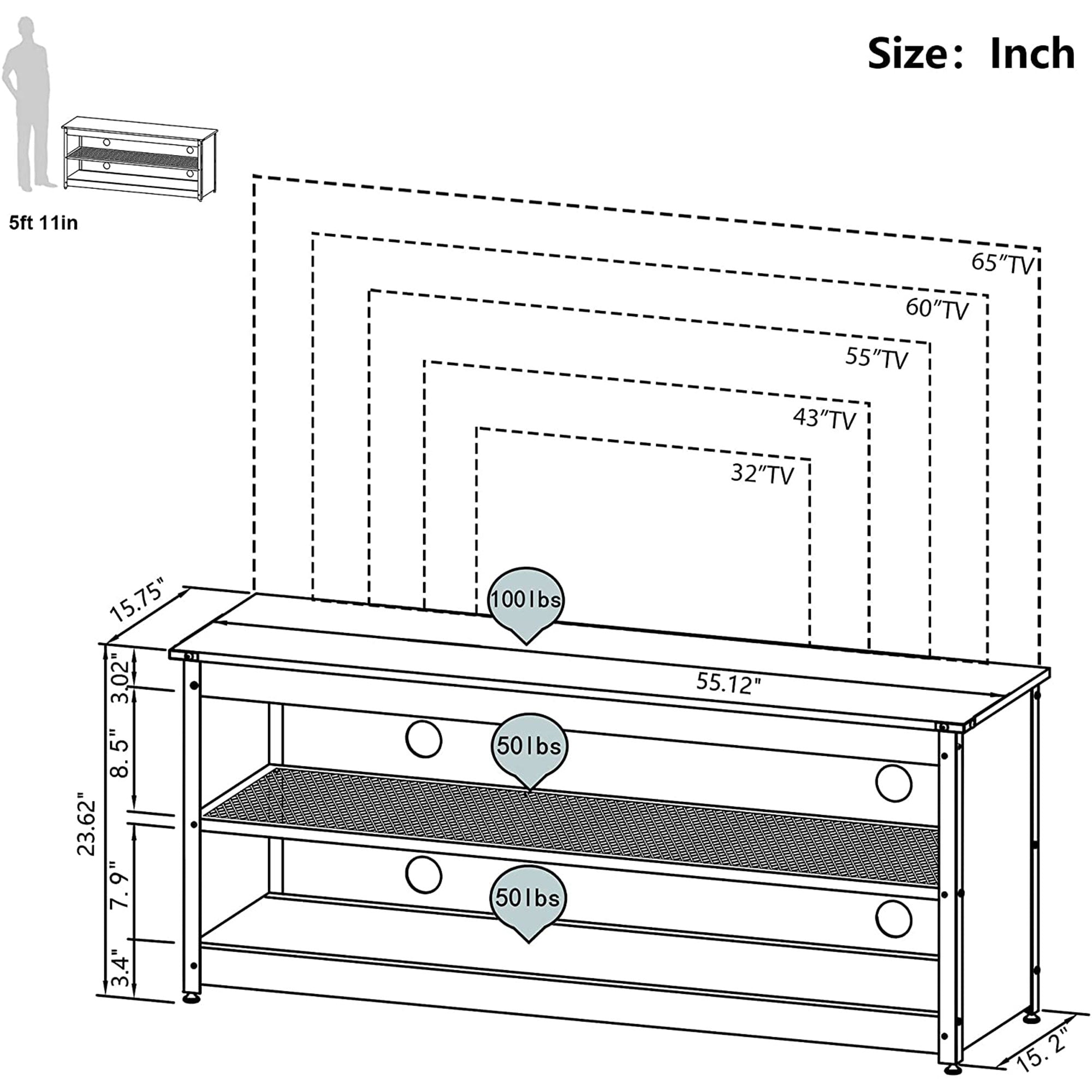 Bestier Industrial TV Stand with Iron Shelf and LED Lights 55.12 Inches, Brown