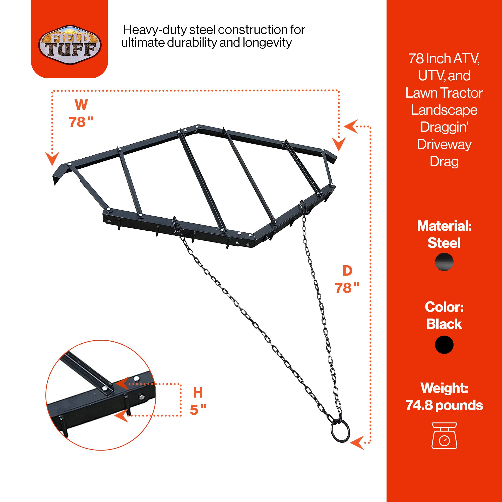 Field Tuff 78 Inch ATV, UTV, and Lawn Tractor Draggin' Driveway Drag (For Parts) - VMInnovations