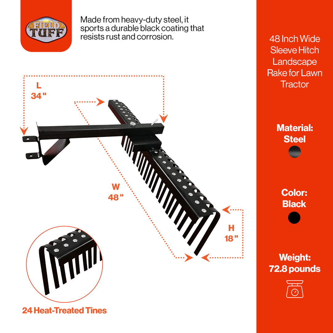 Field Tuff FTF-48SHLR 48 Inch Wide Sleeve Hitch Landscape Rake for Lawn Tractor - VMInnovations