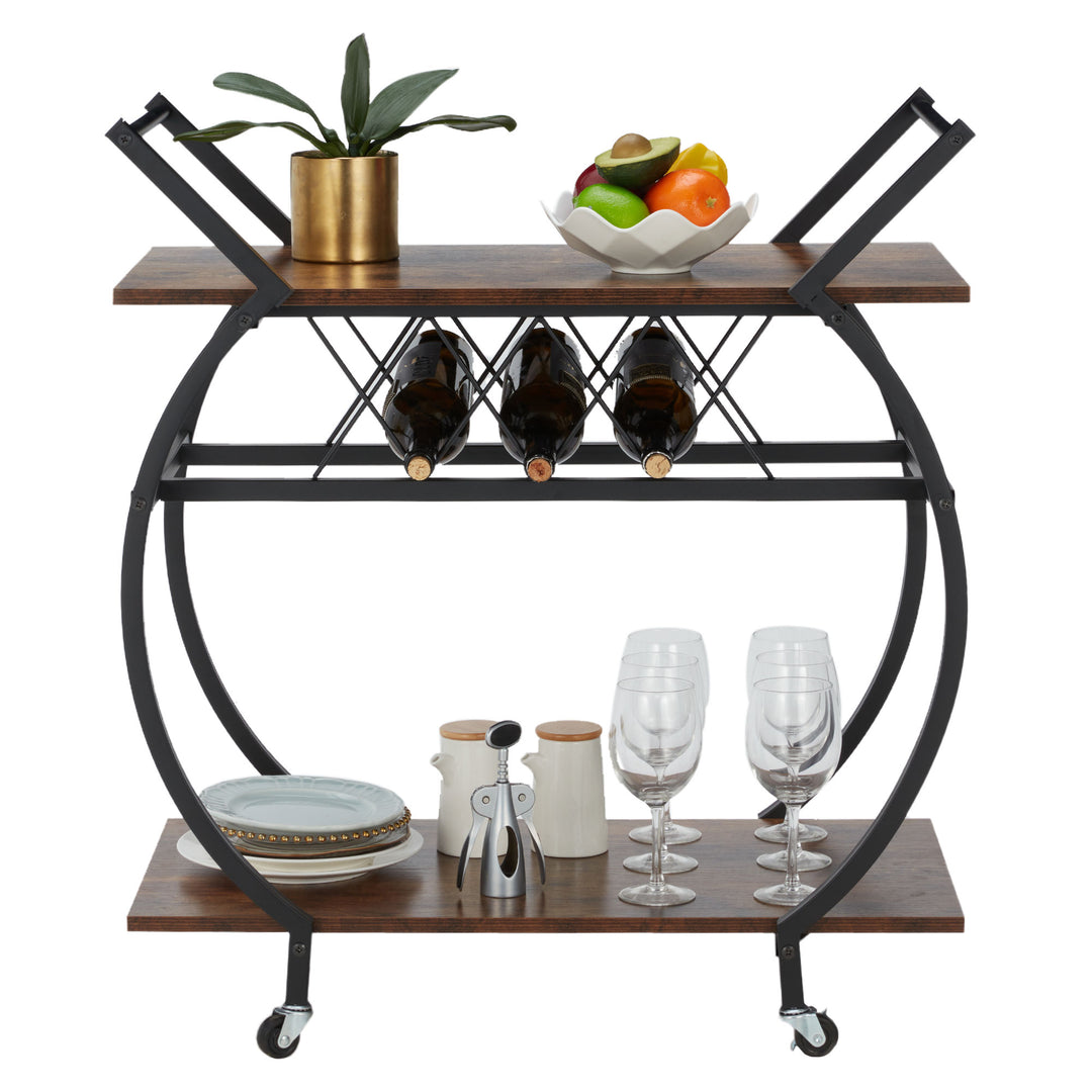 Wood and Metal Portable Kitchen Bar or Coffee Cart with Wine Rack, Brown (Used)