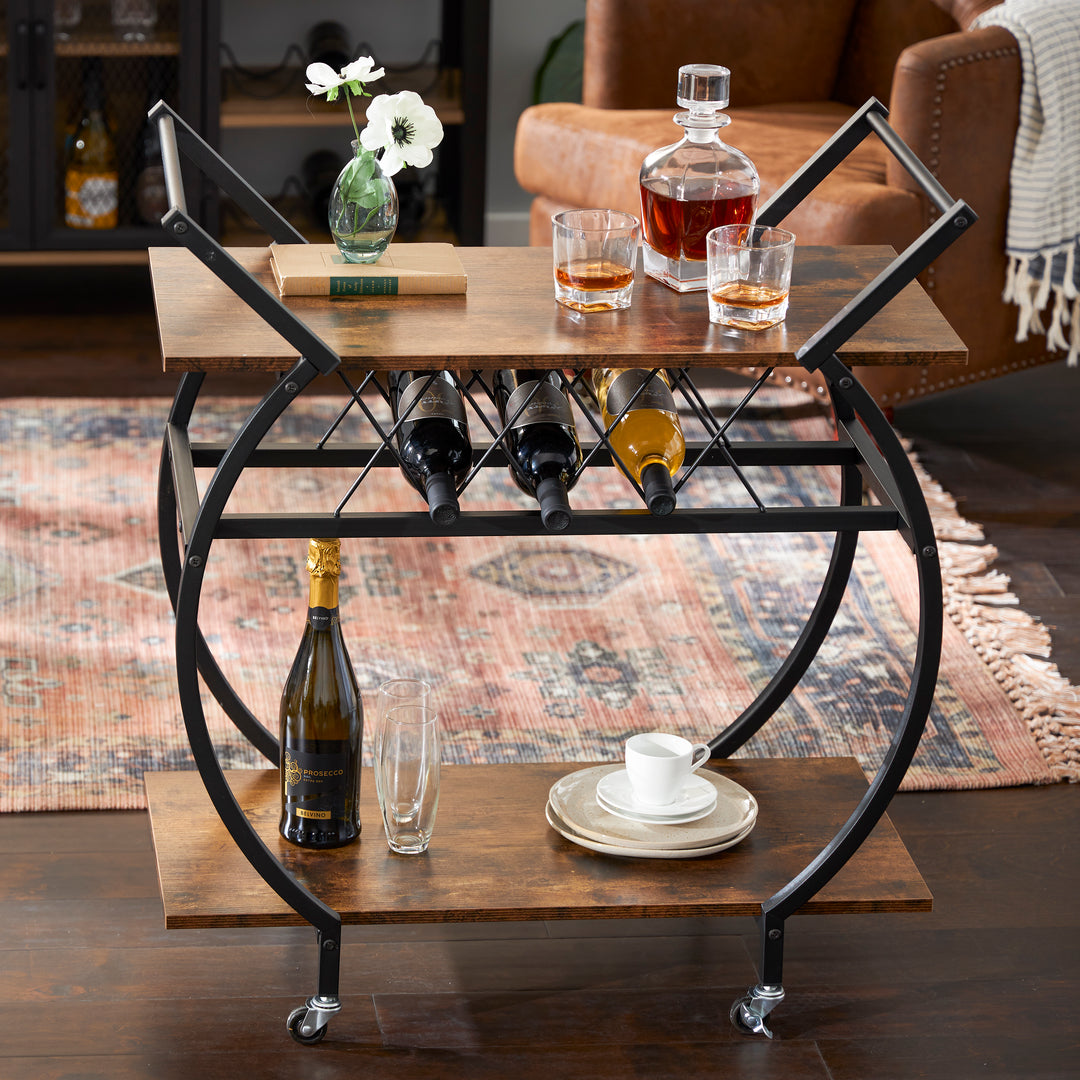 Jomeed Wood and Metal Kitchen Bar or Coffee Cart w/ Wine Rack, Brown (For Parts)