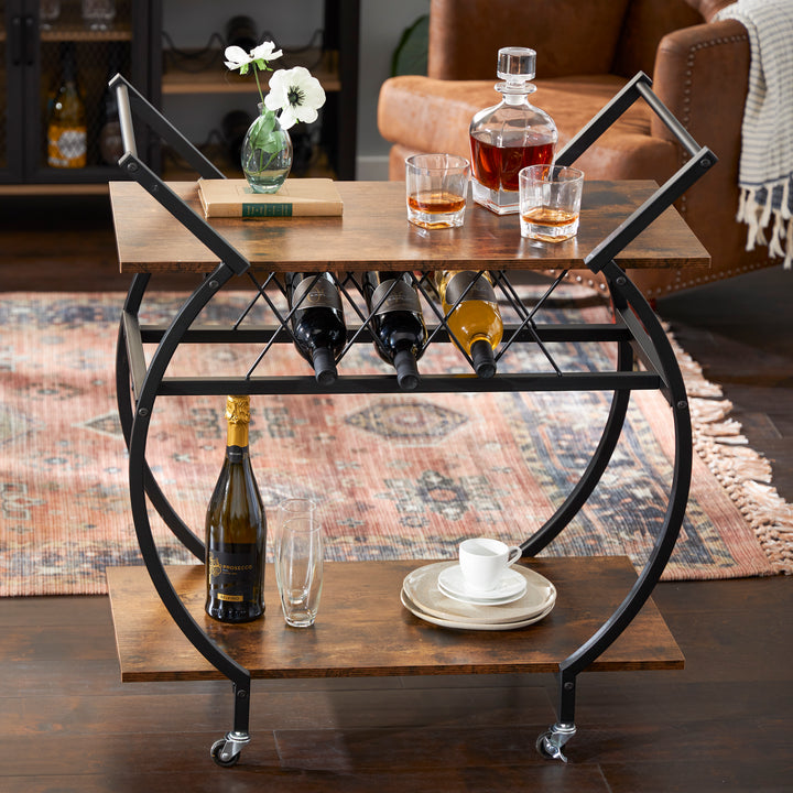 Jomeed Wood and Metal Kitchen Bar or Coffee Cart w/ Wine Rack, Brown (For Parts)