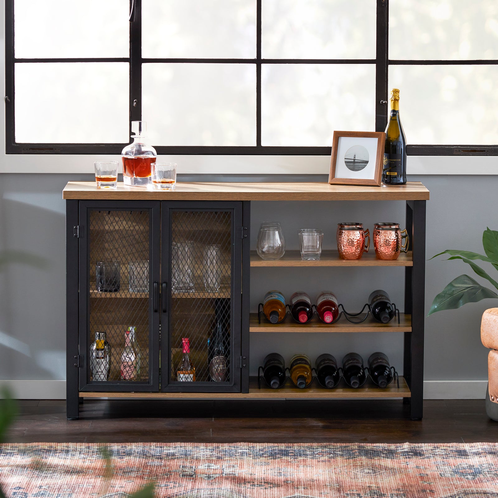 Industrial Rustic Bar Cabinet with Stemware & Wine Rack, Vintage Oak (For Parts) - VMInnovations