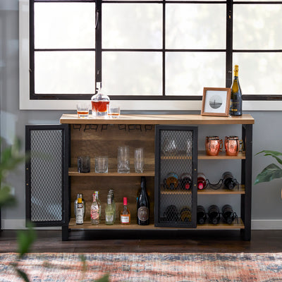 Industrial Rustic Bar Cabinet with Stemware & Wine Rack, Vintage Oak (For Parts) - VMInnovations