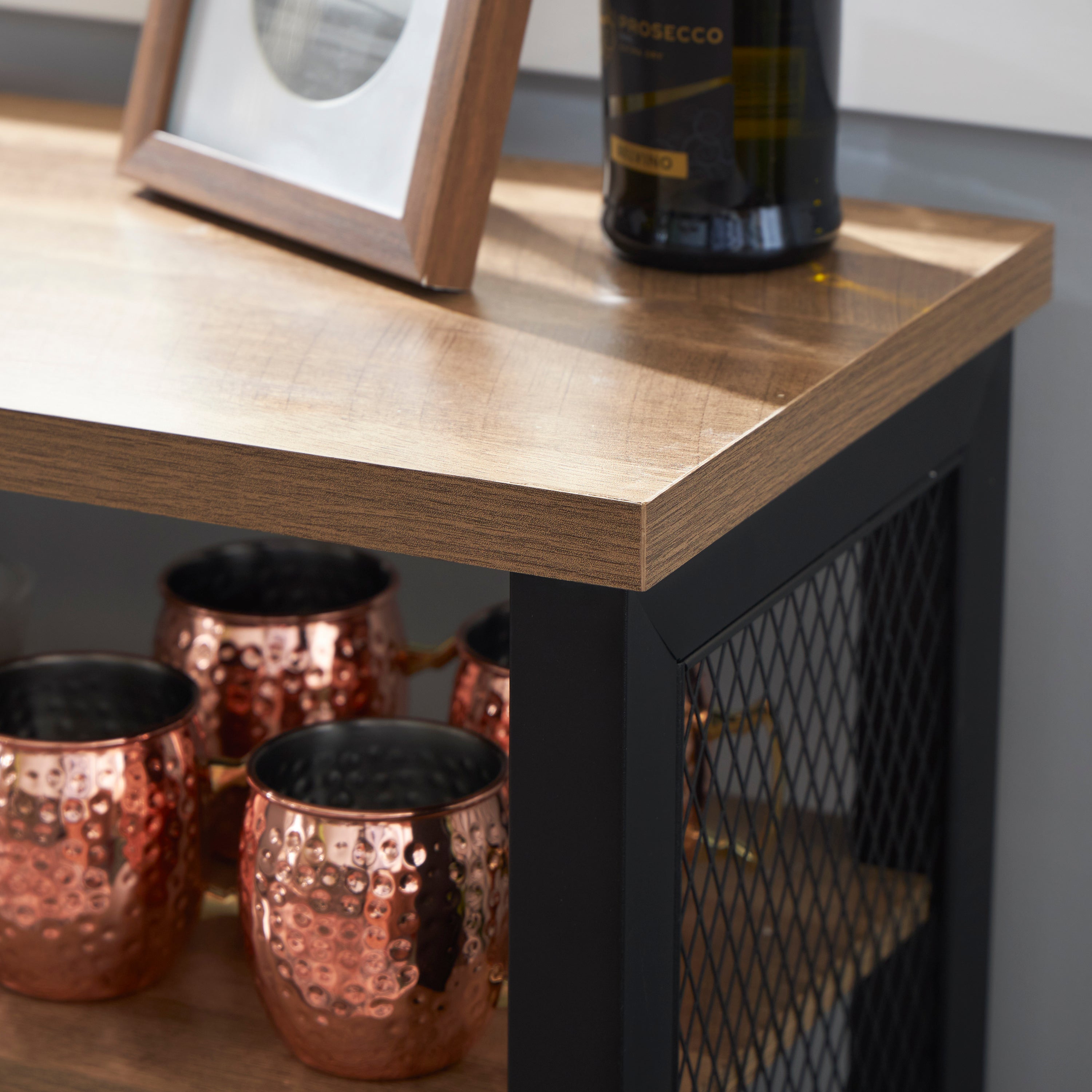 Industrial Rustic Bar Cabinet with Stemware & Wine Rack, Vintage Oak (For Parts) - VMInnovations