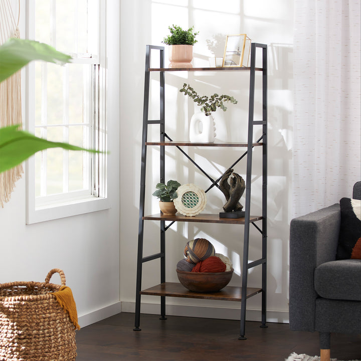 Jomeed Rustic Modern 4 Tier Wood and Steel Bookshelf Storage Organizer Shelf - VMInnovations