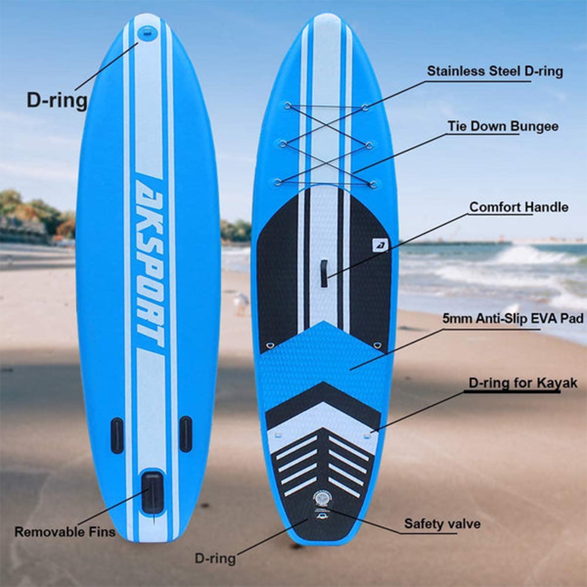 AKSPORT 10'6"x32"x6" Inflatable All Around Stand Up Paddle Board Kit, Blue(Used)