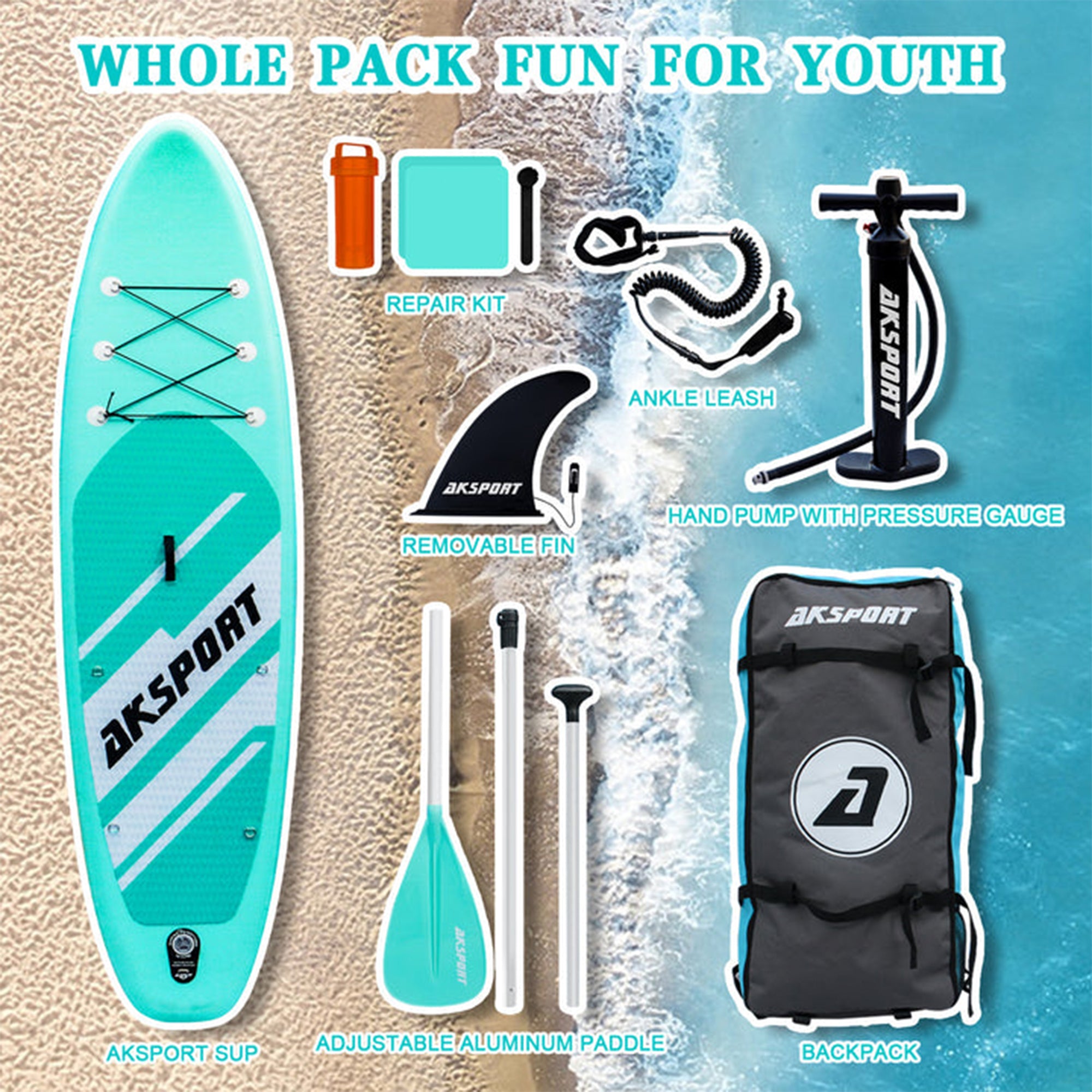 AKSPORT 10'6" Inflatable SUP All Around Stand Up Paddle Board Kit (For Parts) - VMInnovations