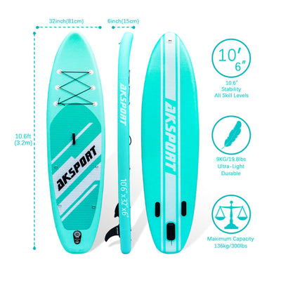 AKSPORT 10'6" Inflatable SUP All Around Stand Up Paddle Board Kit, Mint Green