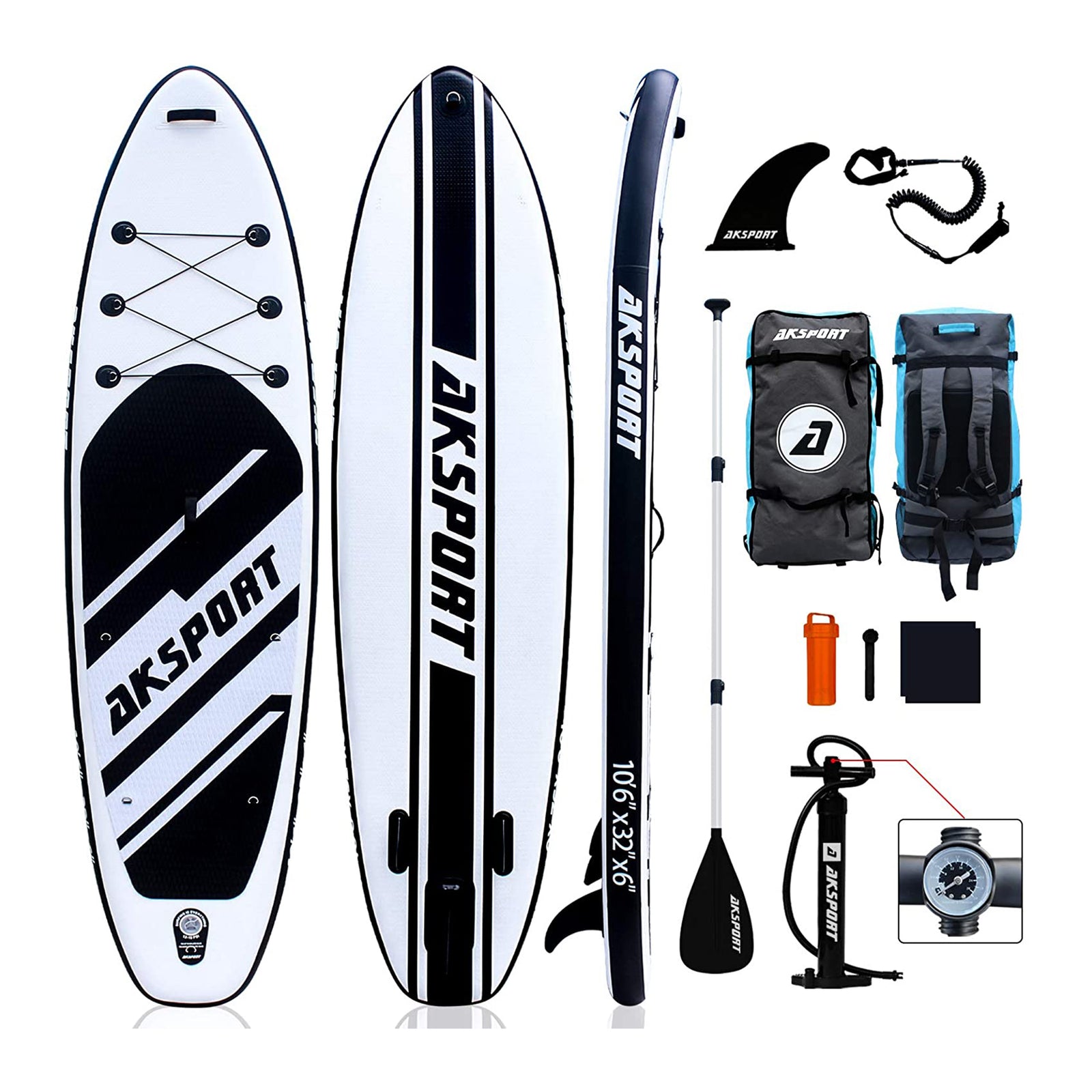 AKSPORT 10'6" Inflatable SUP All Around Stand Up Paddle Board Kit, Black/White - VMInnovations