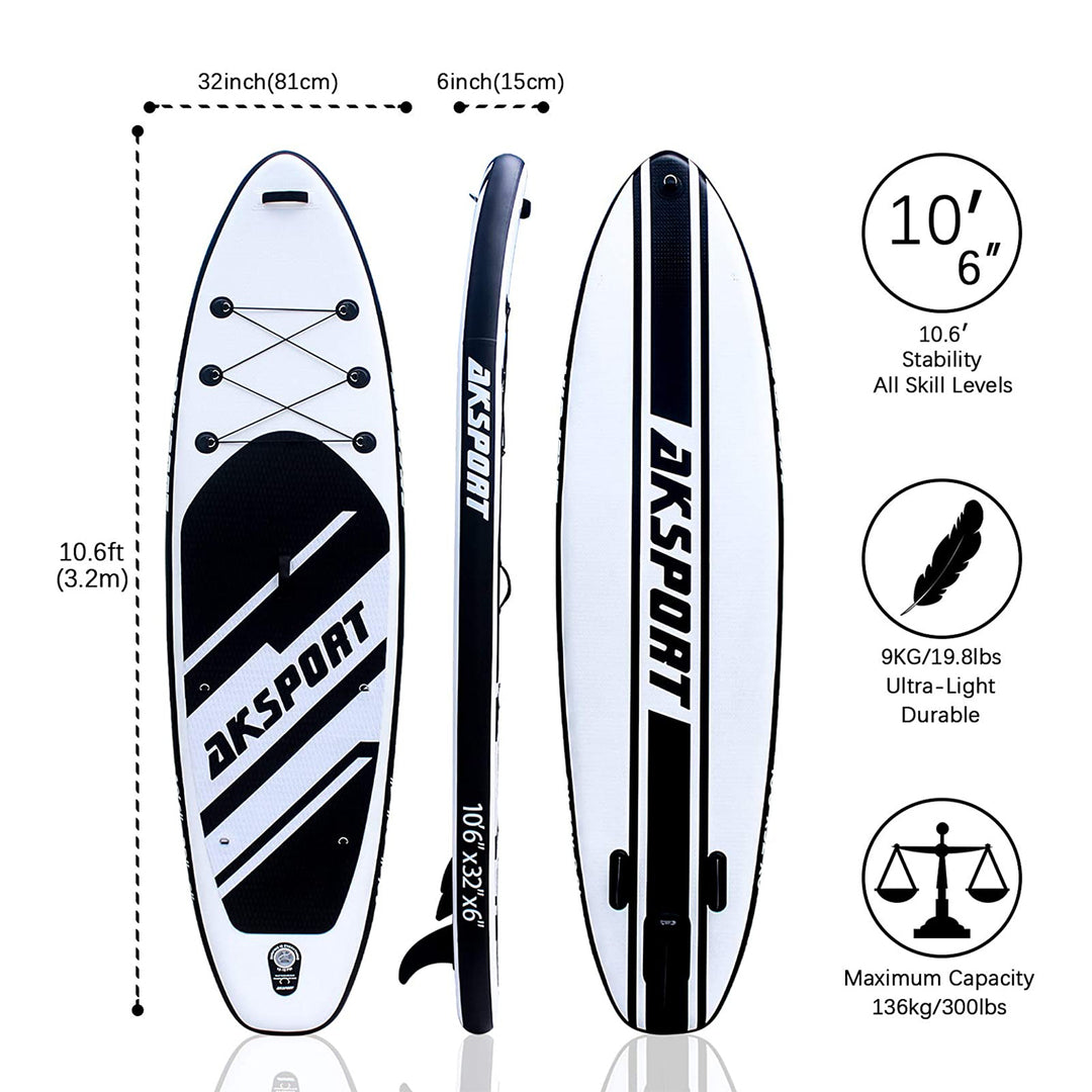 AKSPORT 10'6" Inflatable SUP All Around Stand Up Paddle Board Kit, Black/White