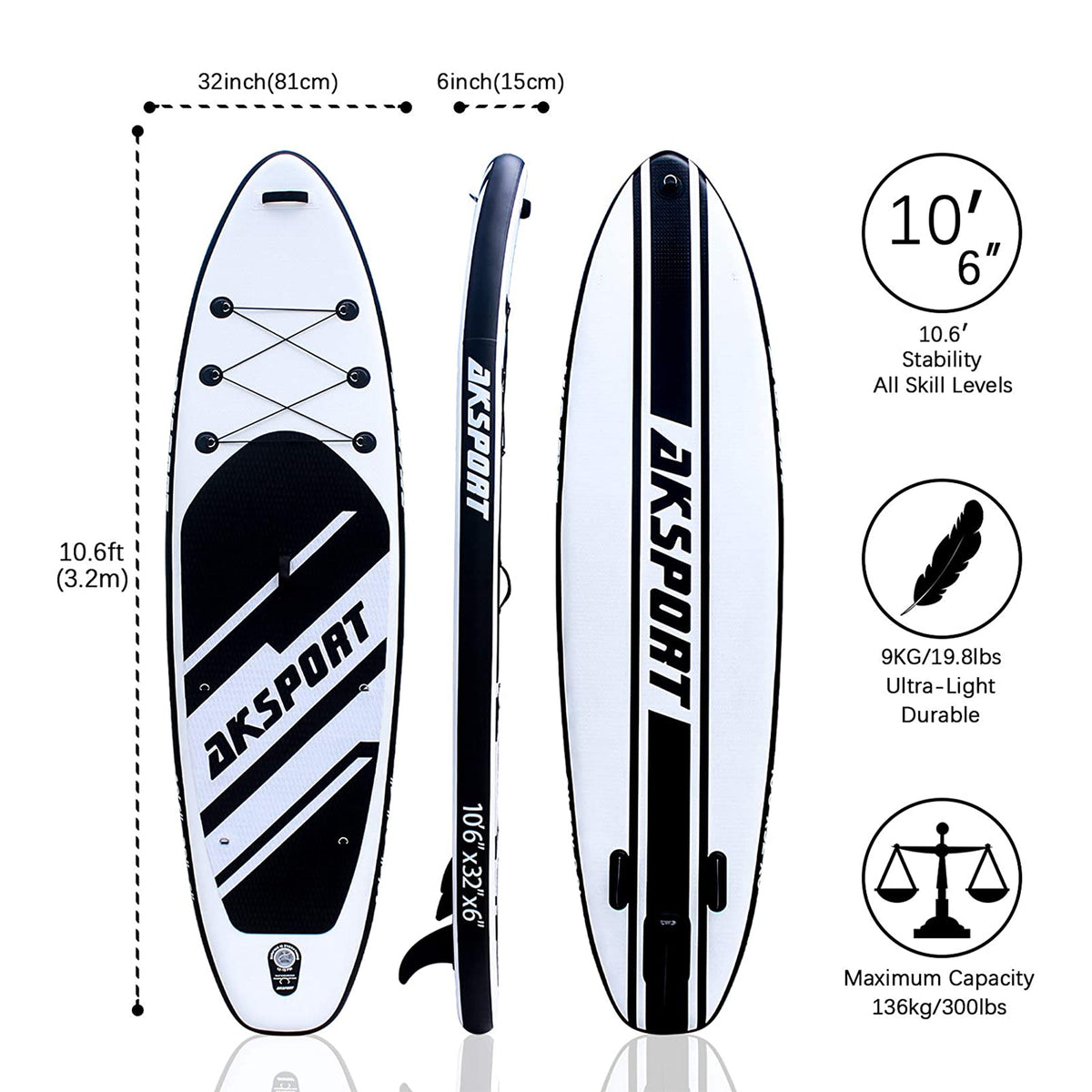 AKSPORT 10'6" Inflatable All Around Stand Up Paddle Board Kit, Black/White(Used)