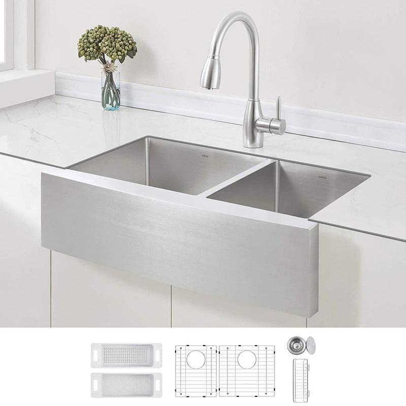 Zuhne Stainless Steel Double Basin Farmhouse Sink w/ 33 Inch Curved Apron Front