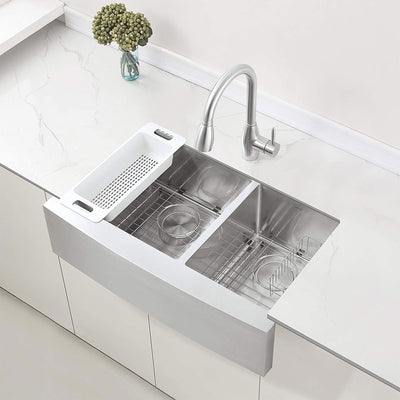 Zuhne Stainless Steel Double Basin Farmhouse Sink w/ 33 Inch Curved Apron Front