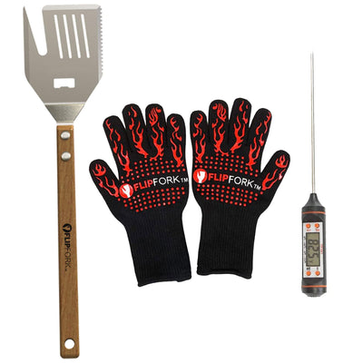 FlipFork Perfectionist BBQ Grilling Combo Pack w/Spatula, Gloves, & Thermostat