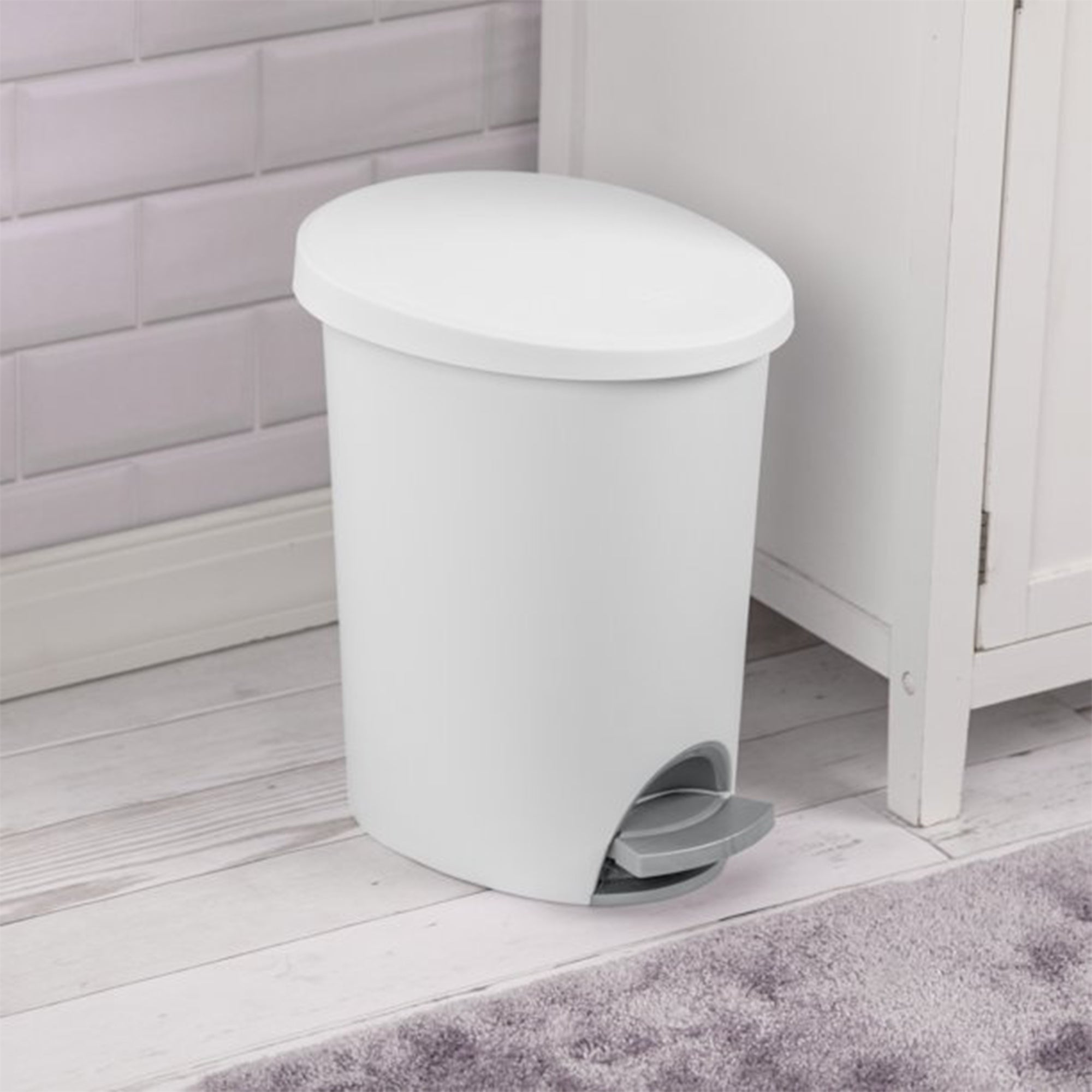 Sterilite 10818002 2.6 Gallon Ultra StepOn Wastebasket with Lid and Base, White