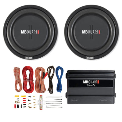 MB Quart 400W 12" Subwoofer (2 Pack), 1,500W Monoblock Amp, & AKS8 Wiring Kit - VMInnovations