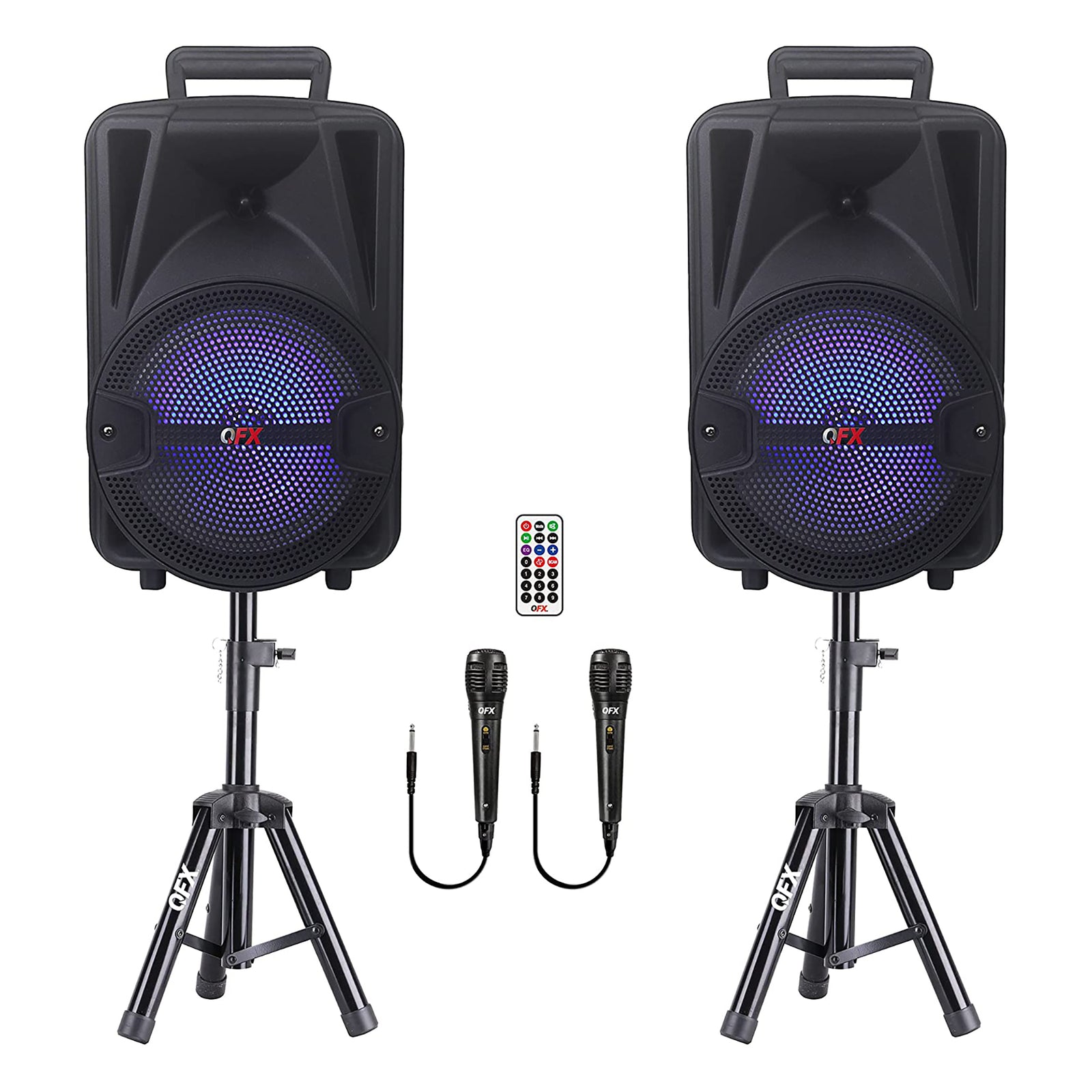 QFX Rechargeable Bluetooth Speakers w/ Microphones and Stands, 2 (For Parts) - VMInnovations