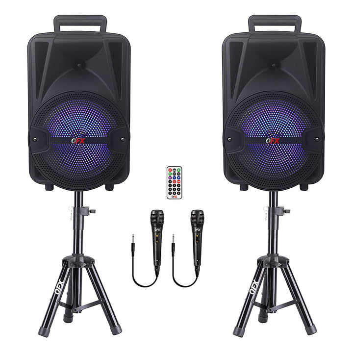 QFX Rechargeable Portable Bluetooth Speakers w/ Microphones and Stands Set(Used)