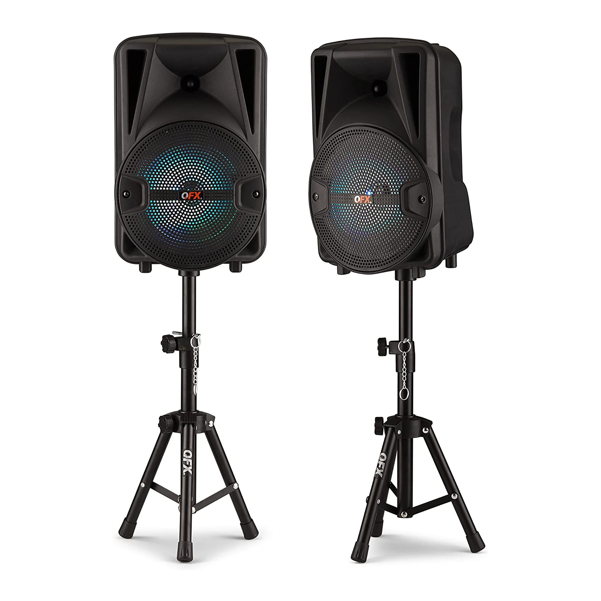 QFX Rechargeable Portable Bluetooth Speakers w/ Microphones and Stands Set(Used) - VMInnovations