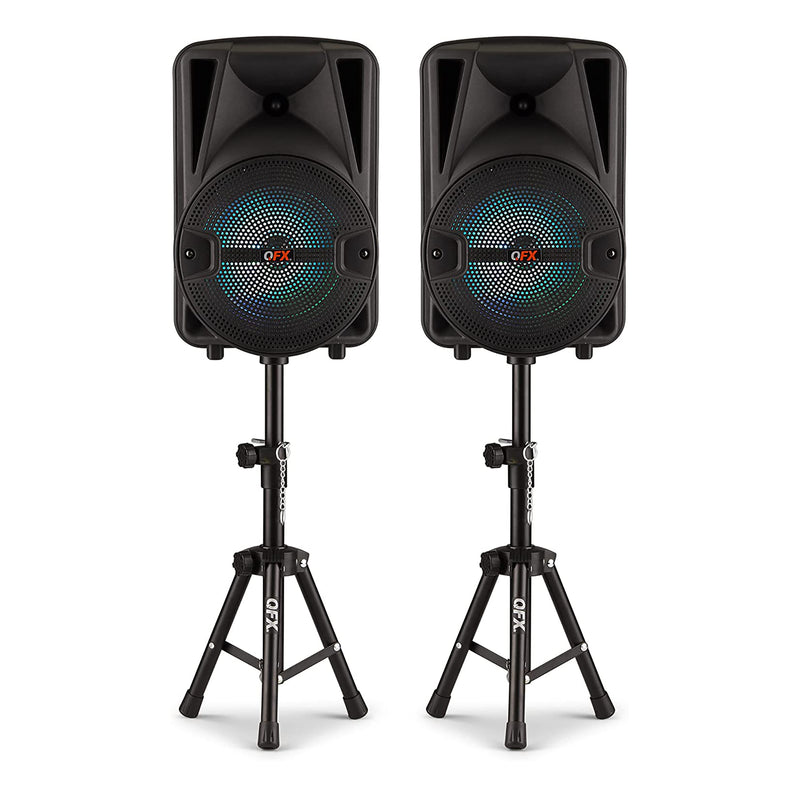 QFX Rechargeable Portable Bluetooth Speakers w/ Microphones and Stands Set(Used)