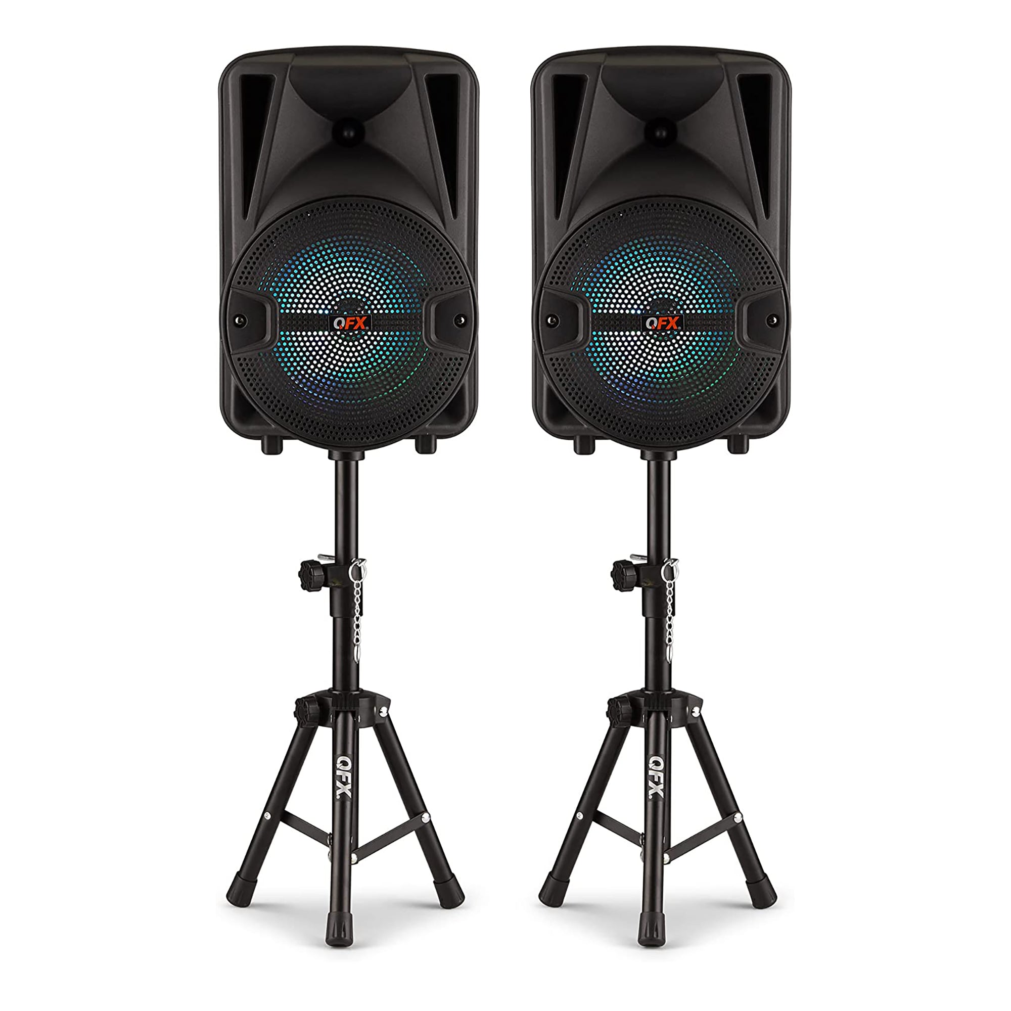 QFX Rechargeable Portable Bluetooth Speakers w/ Microphones and Stands Set(Used) - VMInnovations