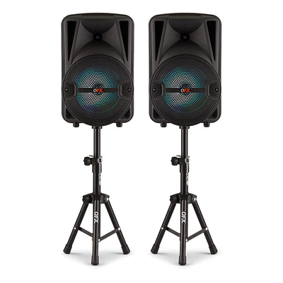 QFX Rechargeable Portable Bluetooth Speakers w/ Microphones and Stands Set(Used) - VMInnovations