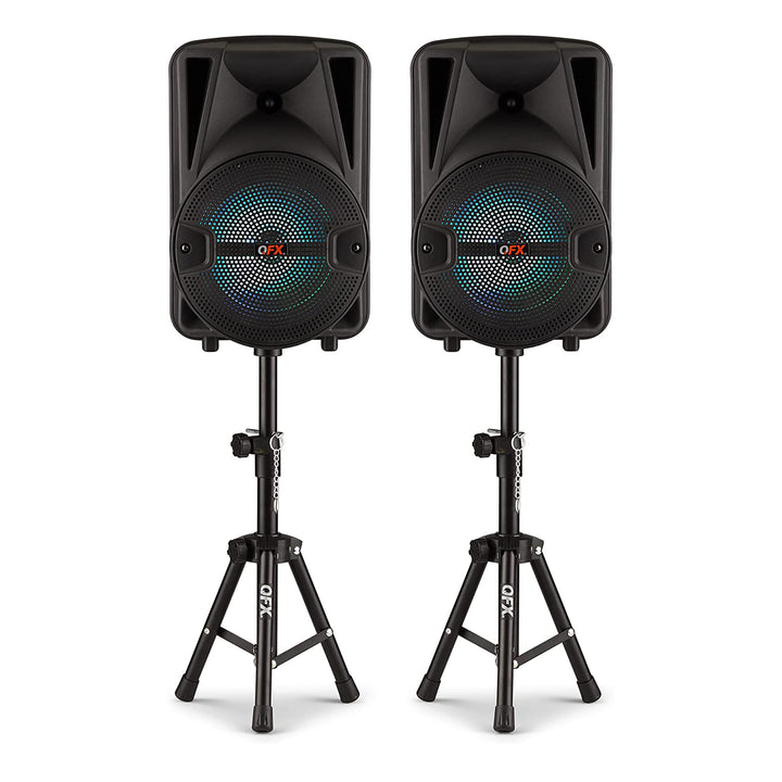 QFX Rechargeable Portable Bluetooth Speakers w/ Microphones and Stands Set(Used)