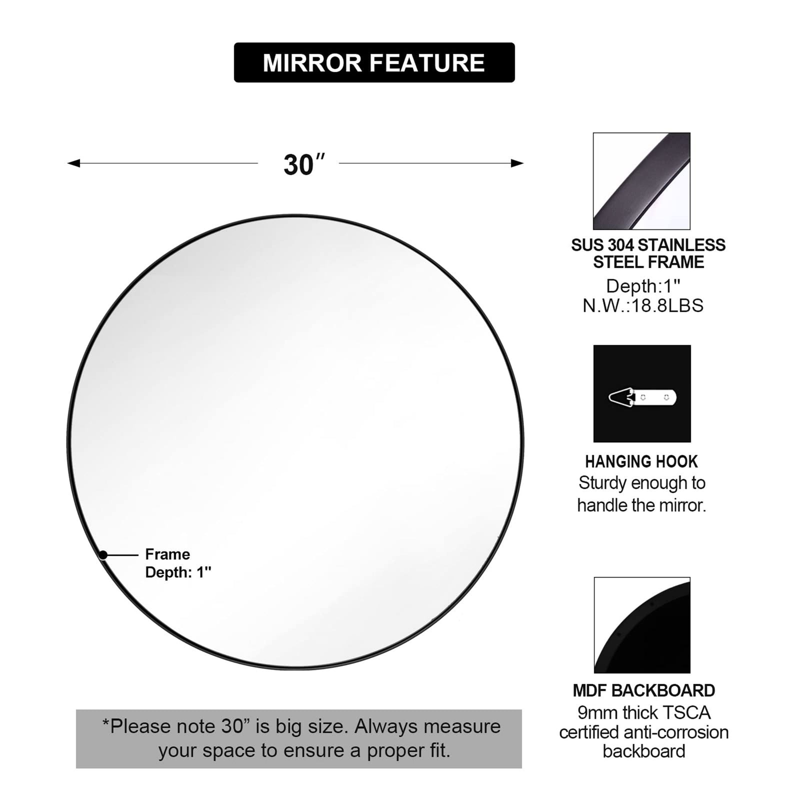 ANDY STAR 30" Round Circle Mirror with Stainless Steel Metal Frame, Black (Used) - VMInnovations
