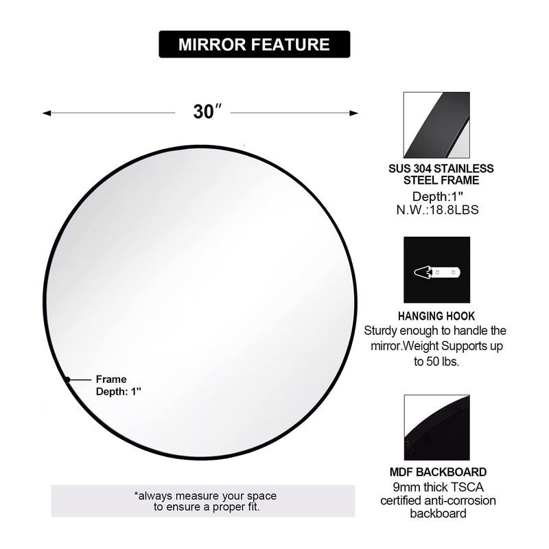 ANDY STAR 30 Inch Round Circle Mirror with Stainless Steel Metal Frame, Black