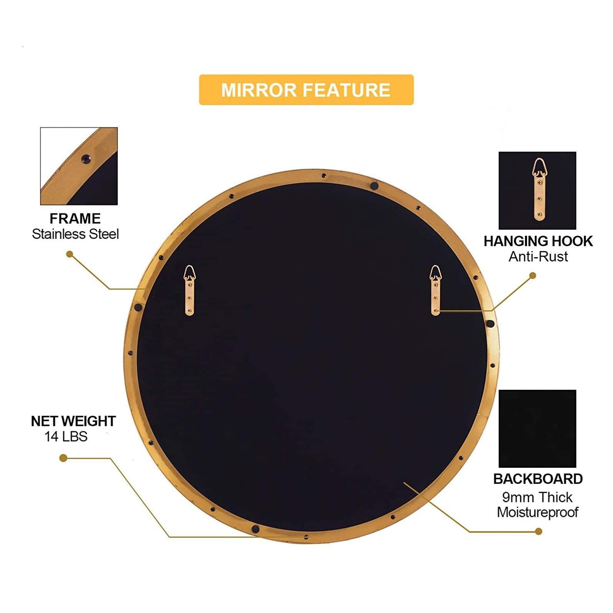 ANDY STAR 24 Inch Round Circle Mirror w/ Stainless Steel Metal Frame (Open Box) - VMInnovations