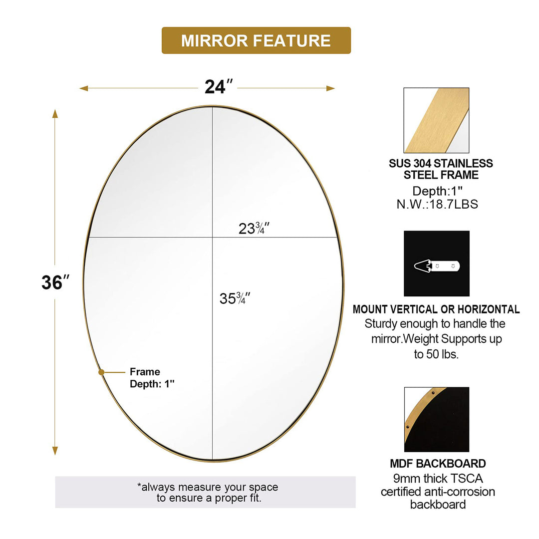 ANDY STAR Modern 24 x 36 Inch Oval Wall Hanging Bathroom Mirror, Brushed Gold