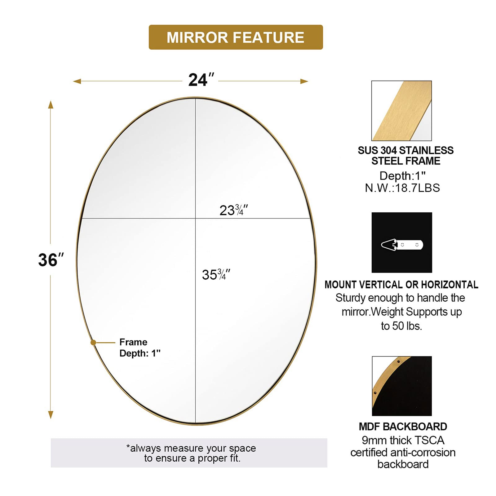 ANDY STAR Modern 24 x 36 Inch Oval Wall Hanging Bathroom Mirror, Brushed Gold - VMInnovations