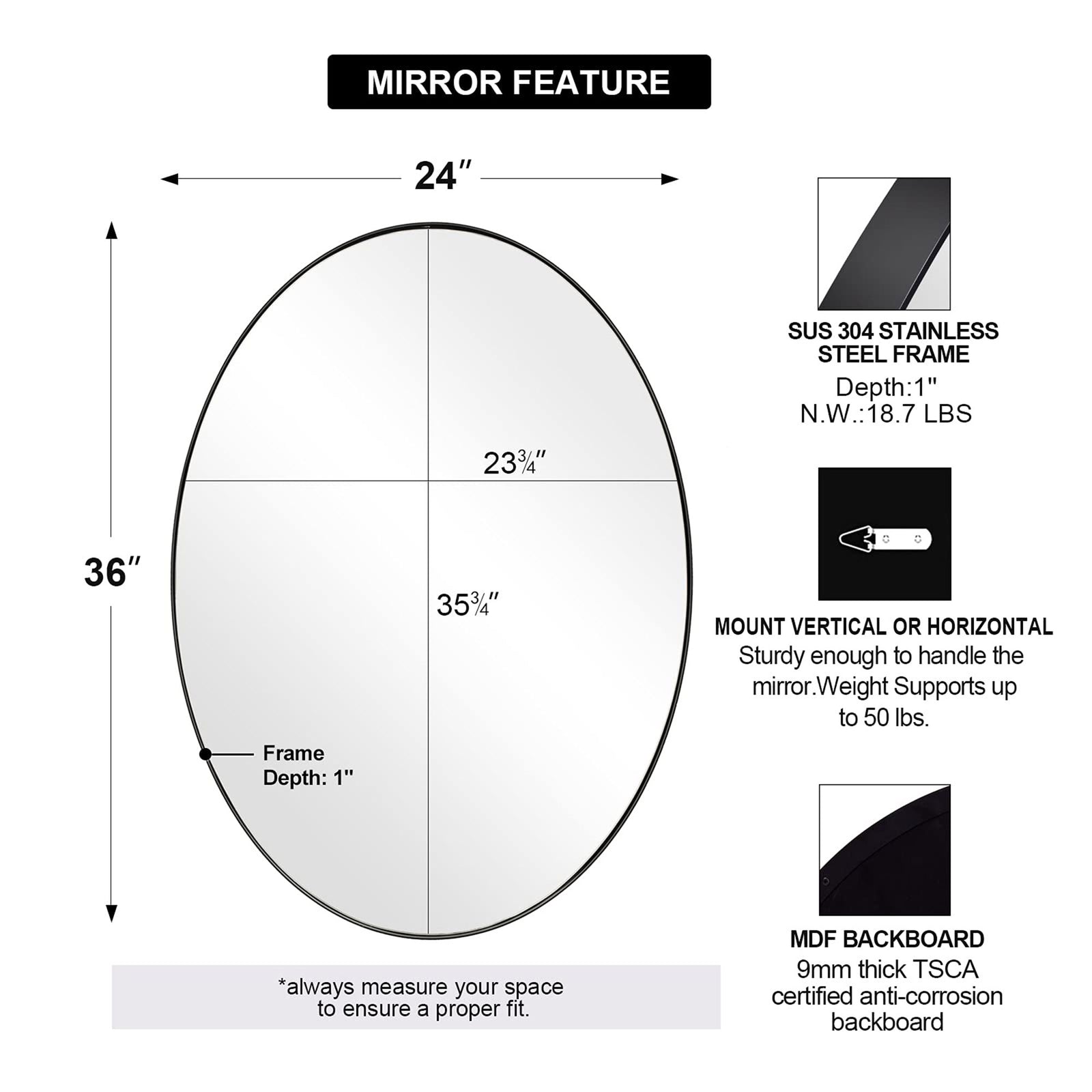 ANDY STAR Modern 24 x 36 Inch Oval Wall Hanging Bathroom Mirror, Black(Open Box) - VMInnovations