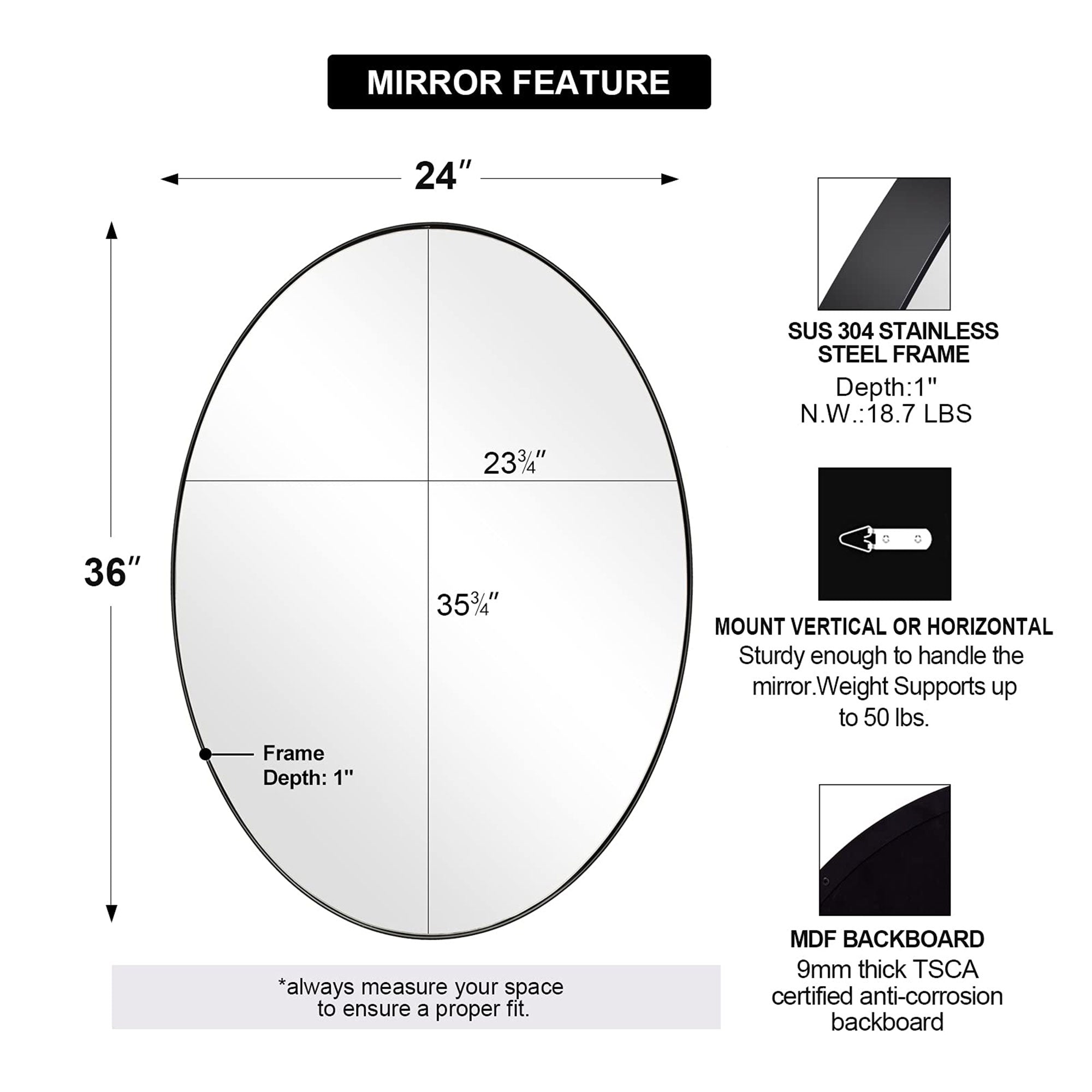 ANDY STAR Modern 24 x 36 Inch Oval Wall Hanging Bathroom Mirror, Black(Open Box) - VMInnovations