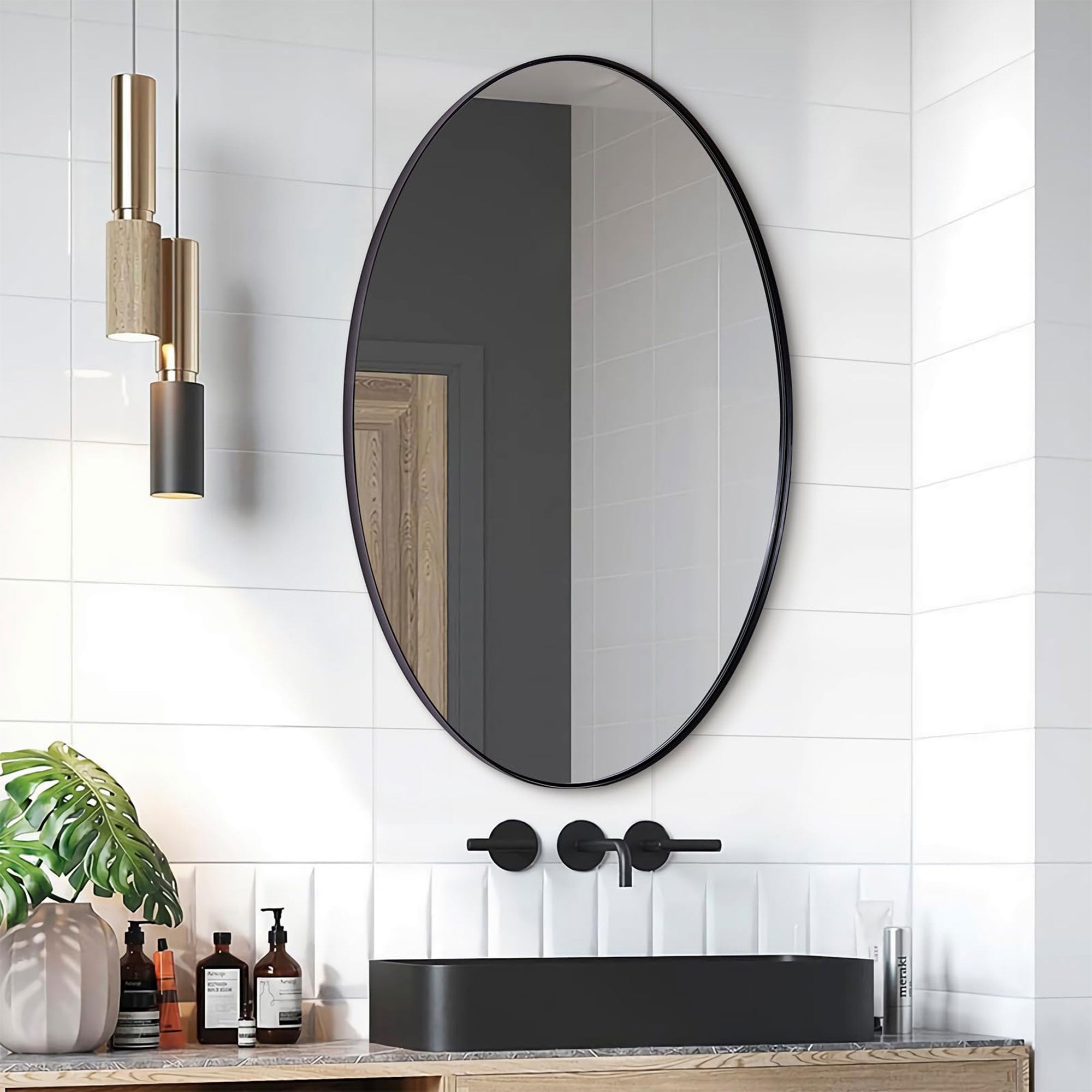 ANDY STAR Modern 24 x 36 Inch Oval Wall Hanging Bathroom Mirror, Black(Open Box) - VMInnovations