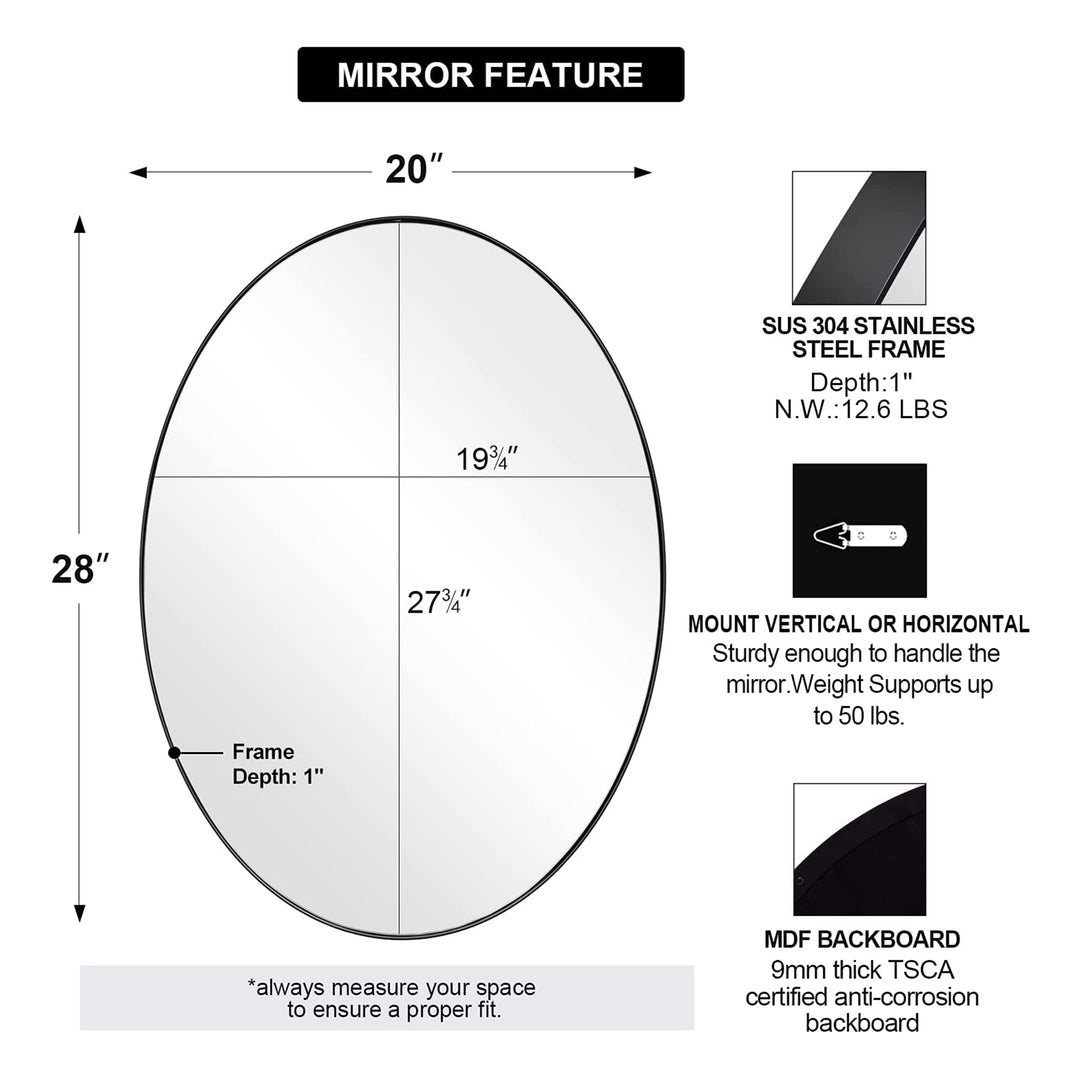 ANDY STAR Modern 20" x 28" Oval Wall Hanging Bathroom Mirror, Matte Black (Used)