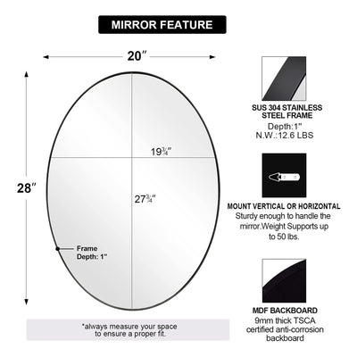 ANDY STAR Modern 20" x 28" Oval Wall Hanging Bathroom Mirror, Matte Black (Used) - VMInnovations