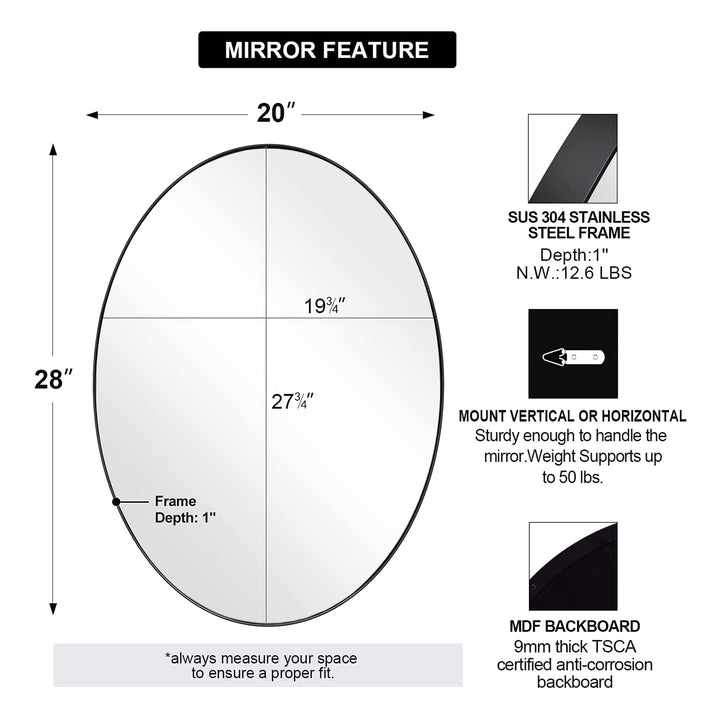 ANDY STAR Modern 20" x 28" Oval Wall Hanging Bathroom Mirror, Matte Black (Used)